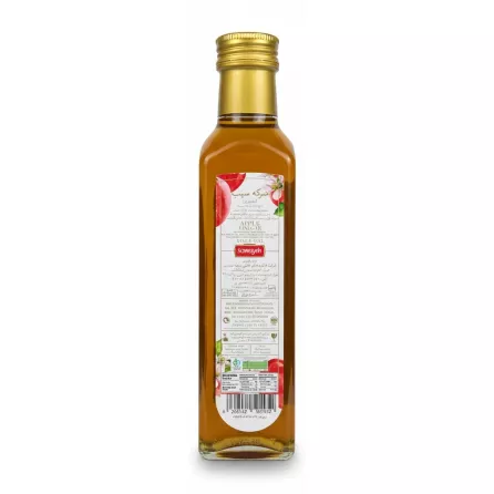 Back label of Somayeh apple vinegar bottle showing ingredients and nutritional facts