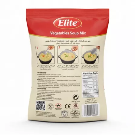 Back packaging of Elite Vegetable Soup Mix showing ingredients and instructions