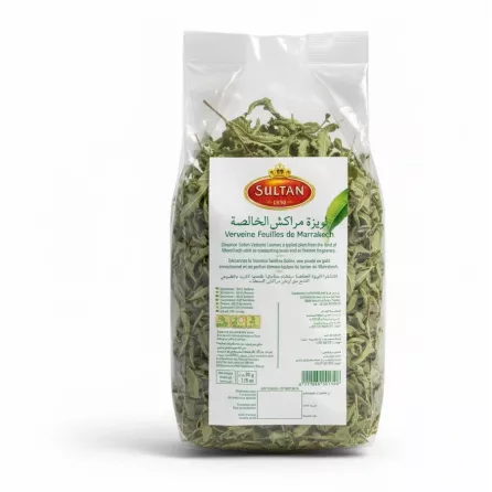 Back view of Sultan Marrakech verbena leaves packaging with label details and barcode