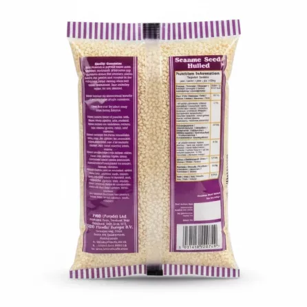 Back view of Heera Hulled Sesame Seeds packet showing ingredients and nutrition facts