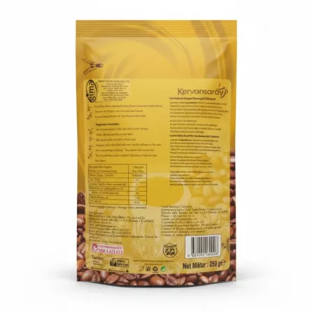 Back of Kervansaray Turkish coffee blend packet with ingredients and usage instructions