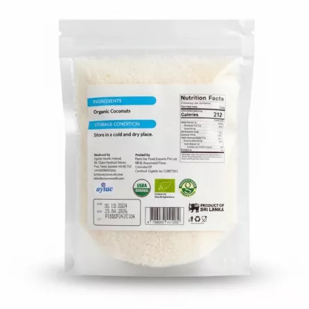 Packet of NaturFresh Organic Desiccated Coconut back showing ingredients and nutrition