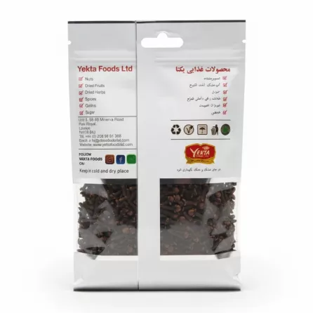 Yekta Foods Whole Cloves pack back view showing company details and storage advice