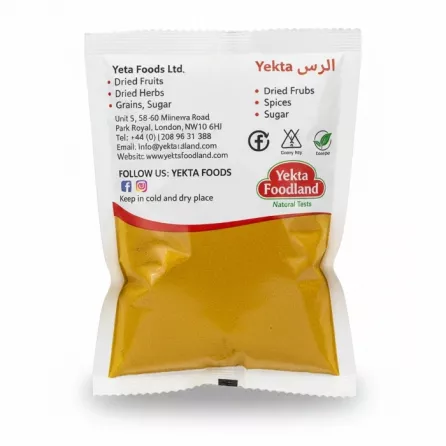 Back view of Yekta Foods Curry Powder 100g pack showing contact info and storage instructions