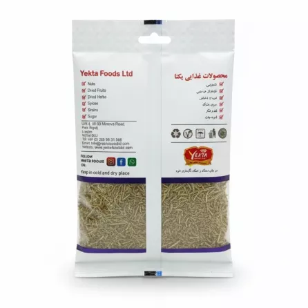 Rear packaging of Yekta Foods Dried Rosemary pack showing brand and storage info