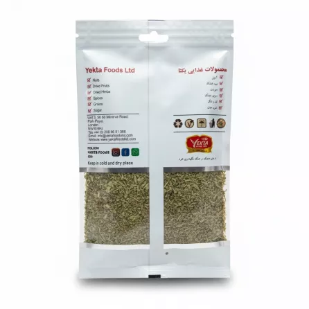 Back view of Yekta Foods Dried Oregano pack showing ingredients and storage instructions