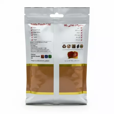 Back view of Yekta Foods Cinnamon Powder pack showing ingredients and company info