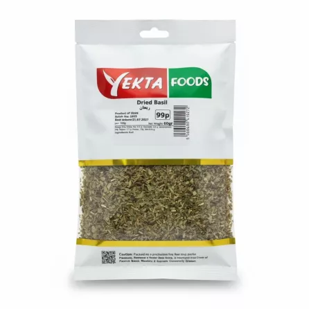 Front view of Yekta Foods Dried Basil packet showing brand logo and product details