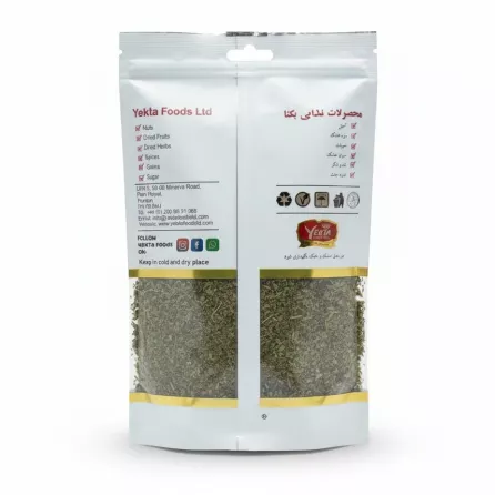 Back view of Yekta Foods Dried Basil packet with nutritional info and storage instructions