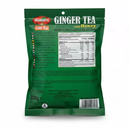 Back of Roberts Gold Ginger Tea with Honey packet showing ingredients and nutritional facts