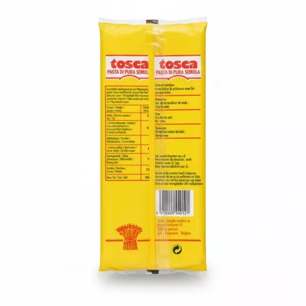Back view showing nutritional info and barcode on Tosca spaghetti packaging