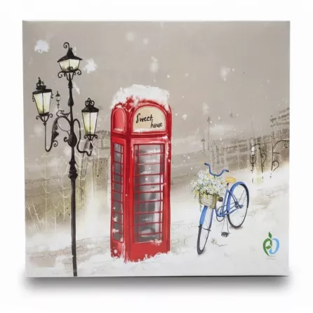 Back of the sweet box with London-themed design featuring a red phone booth and a blue bicycle with flowers
