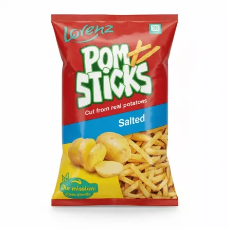 Front view of Lorenz Pomsticks salted potato snack bag
