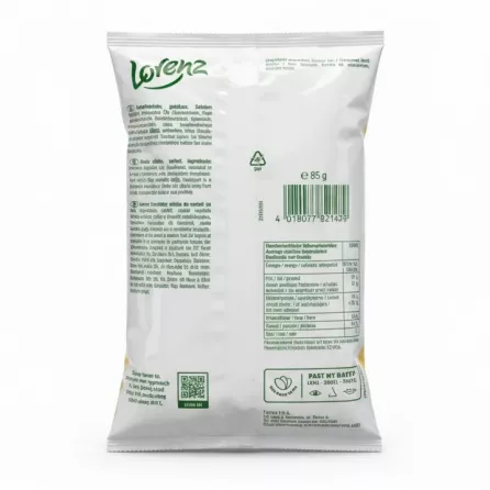 Back view of Lorenz Pomsticks salted potato snack bag with ingredients and barcode