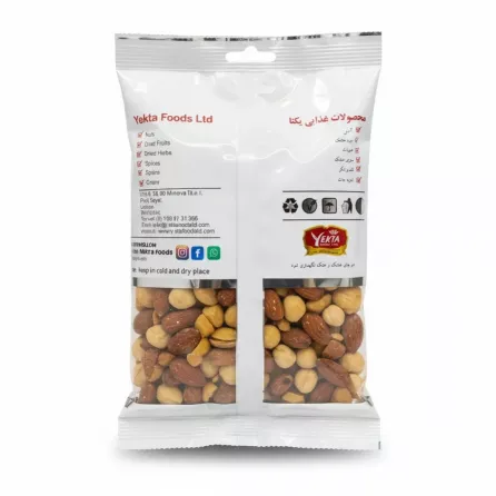Yekta Foods Mixed Nuts back pack showing ingredients and contact details