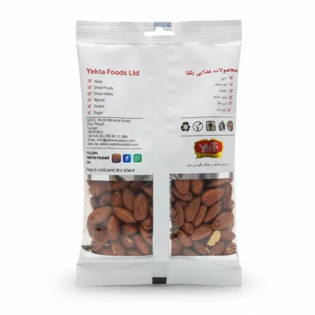 Back view of Yekta Foods roasted lemon almonds package with product info