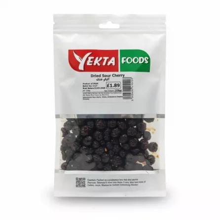 Yekta Foods brand dried sour cherries in a clear and white resealable bag