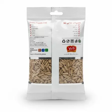 Back packaging of Yekta Foods kernel sunflower seeds with product info