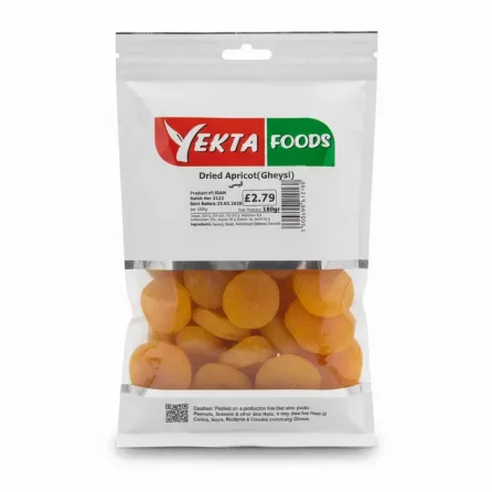 Yekta Foods Dried Apricot Gheysi front of packaging showing dried apricots