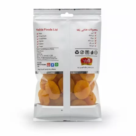 Yekta Foods Dried Apricot Gheysi back of packaging with product information