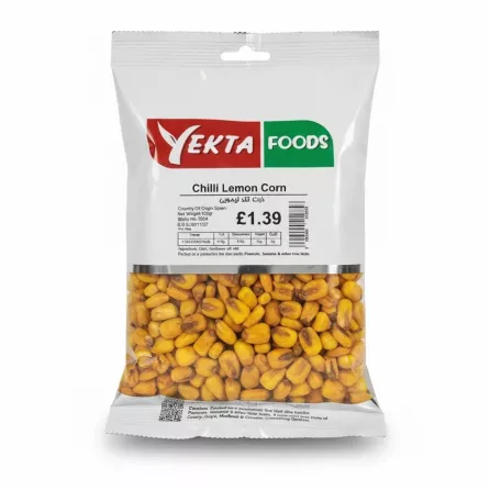 front of Yekta Foods chilli lemon corn snack pack