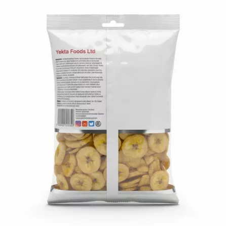 Back view of Yekta Foods Banana Chips pack with product information