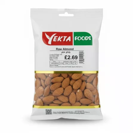 Pack of Yekta Foods raw almonds, transparent packaging showing brown almonds