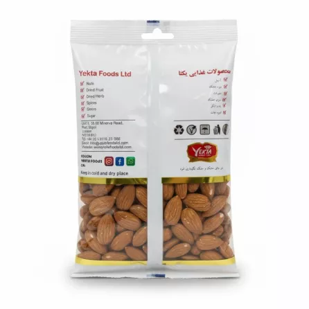 Back view of Yekta Foods raw almonds pack with storage and contact information