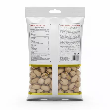Yekta Foods Extra Salted Pistachios pack back view showing ingredients and contact details