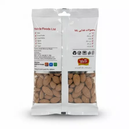 Back view of Yekta Foods roasted salted almond pack showing ingredient and contact details