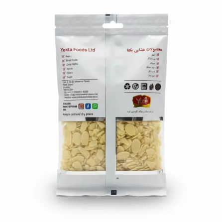 Back view of Yekta Foods almond flakes packaging with storage and contact information