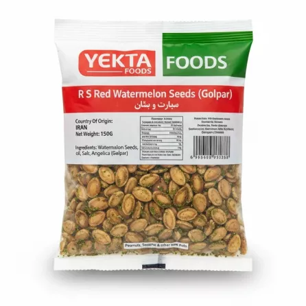 Package of Yekta Foods red watermelon seeds with Golpar seasoning front view