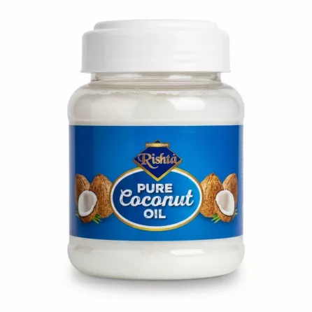 Jar of Rishta Pure Coconut Oil with blue label and white lid