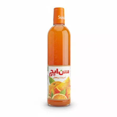 bottle of Sunich orange syrup with orange cap and citrus label front view