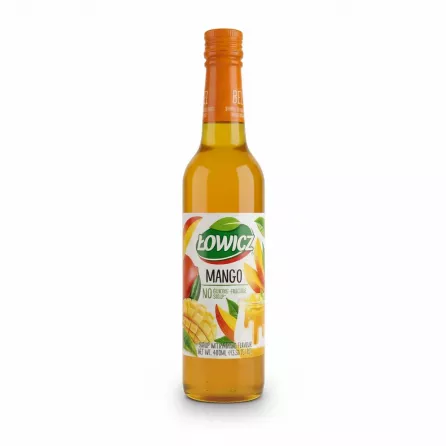 Bottle of Lowicz mango syrup with orange cap and mango illustrations on label