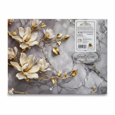 Back side of Sweet House mix sweets box with floral design and product information label