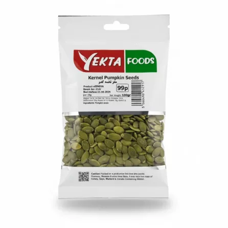 Front view of Yekta Foods Kernel Pumpkin Seeds pack showing label and green seeds