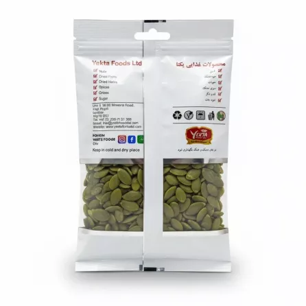 Back view of Yekta Foods Kernel Pumpkin Seeds pack with product information and window showing seeds
