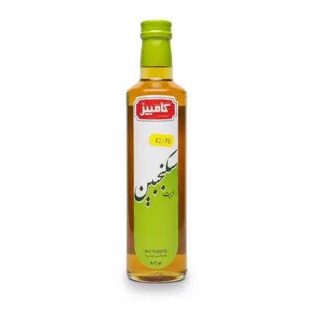 Front view of a 670g bottle of Kambiz Sekanjebin Syrup with green label and yellow price sticker