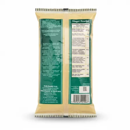 Back view of Heera ginger powder bag showing nutrition facts and barcode