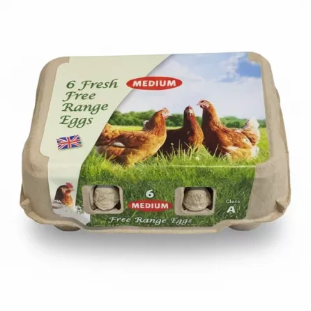 Carton of 6 medium fresh free range eggs with image of hens on packaging