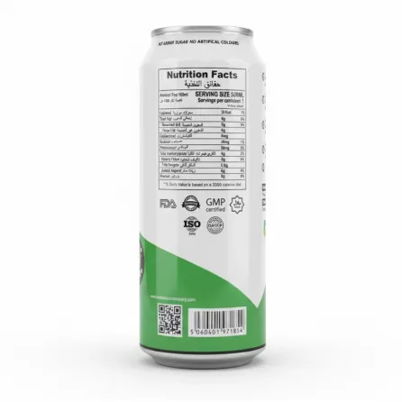 Nutrition facts and barcode on the back of London Juice Company Raw Coconut Burst can