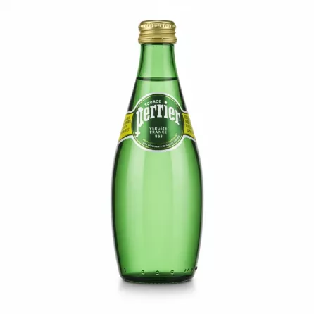 Green glass bottle of Perrier sparkling mineral water