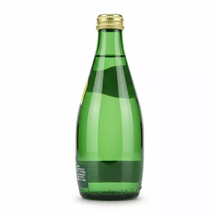 Back view of Perrier green glass bottle showing label details