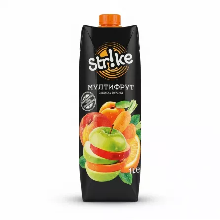 Strike Multifruit Juice 1L carton with fruit images and orange cap front view