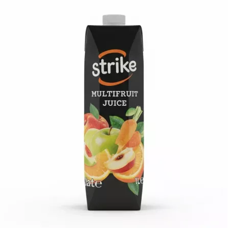 Side view of Strike Multifruit Juice 1L showing nutritional information and barcode