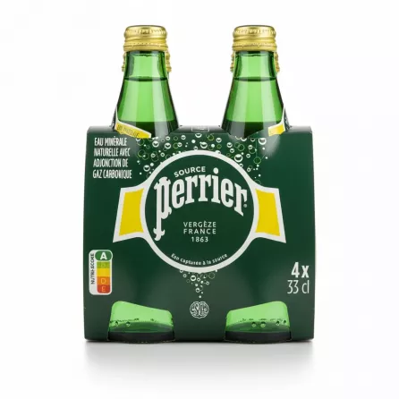 Perrier sparkling mineral water pack of four green glass bottles