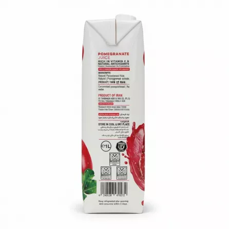 Back view of Takdaneh pomegranate juice carton showing nutritional facts and barcode