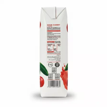 Back side of Takdaneh sour cherry juice carton showing ingredients and nutritional info