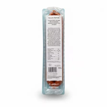 Back label of Melis garlic sausage with ingredients and nutritional facts